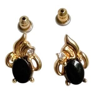 Simulated Black Onyx Earrings Stud Posts Gold Plate CZ Rhinestone 1/2" Vintage